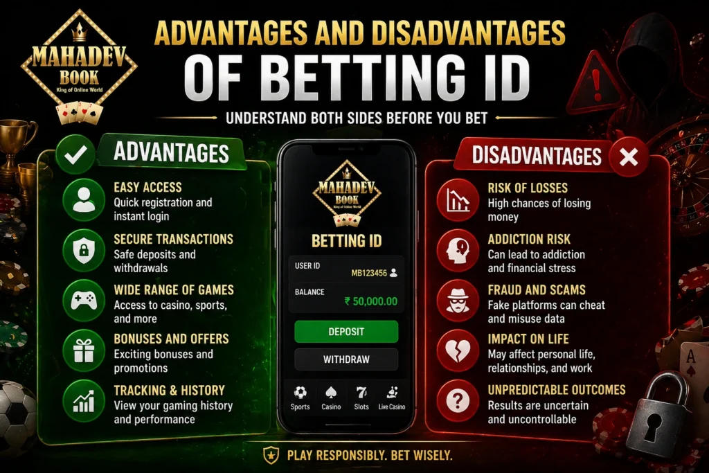 Advantages and disadvantages of Betting ID in online gaming with Mahadev logo showing risk and reward comparison