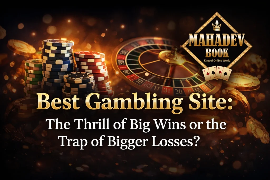 Best Gambling Site banner showing casino chips, roulette wheel, and Mahadev Book logo with theme of big wins vs bigger losses
