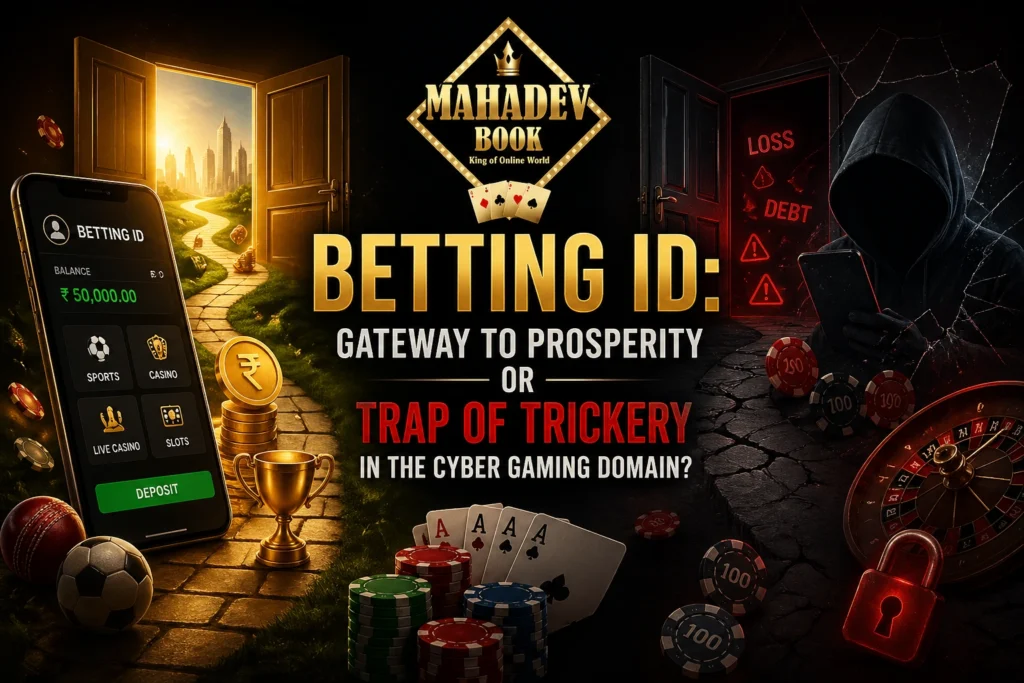 Betting ID concept showing prosperity vs risk in online gaming with Mahadev Book logo