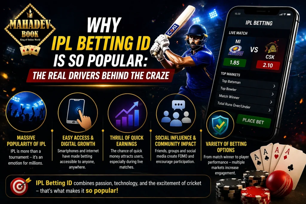 IPL Betting ID popularity concept with cricket player, betting app interface, and Mahadev Book logo showing online gaming craze