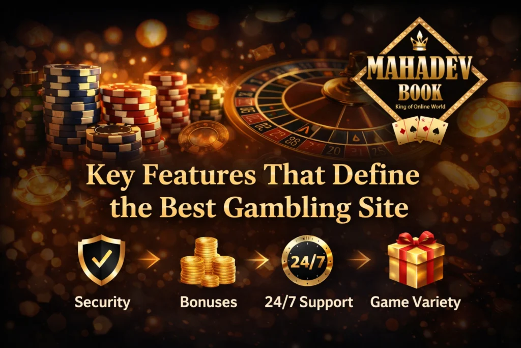 Key features of the best gambling site showing casino chips, cards, and Mahadev Book logo representing security, bonuses, and gaming experience