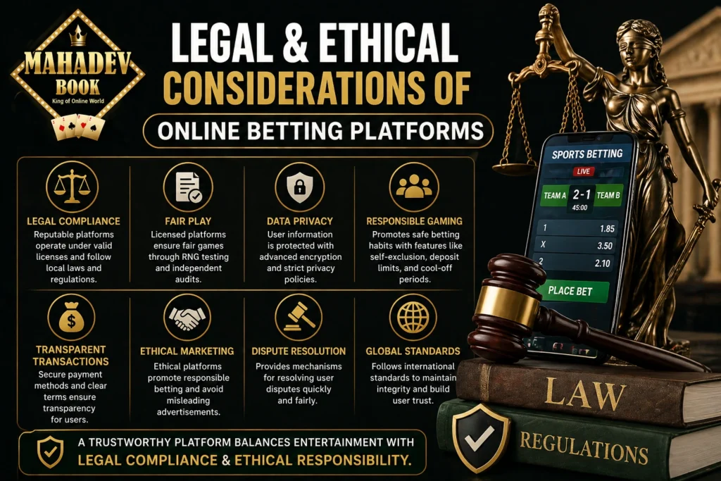 Legal and ethical considerations of online betting platform showing regulation security and responsible gaming with Mahadev Book logo