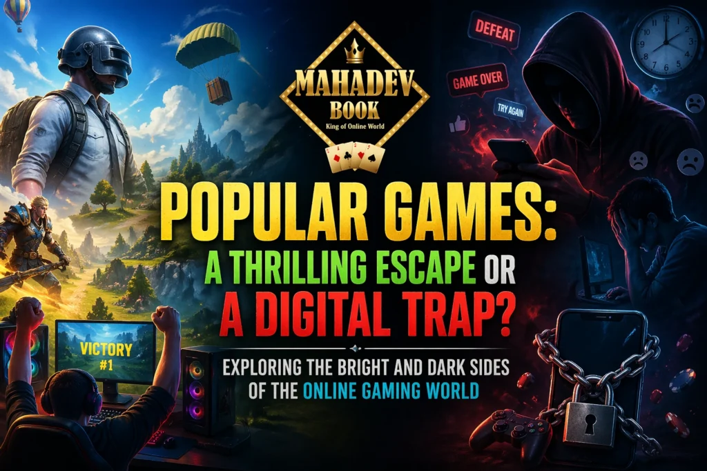 Popular Games concept showing thrilling escape vs digital trap in online gaming world with Mahadev Book logo