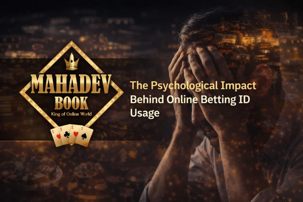 Psychological impact of online betting ID showing addiction, dopamine effect and emotional behavior with Mahadev Book logo