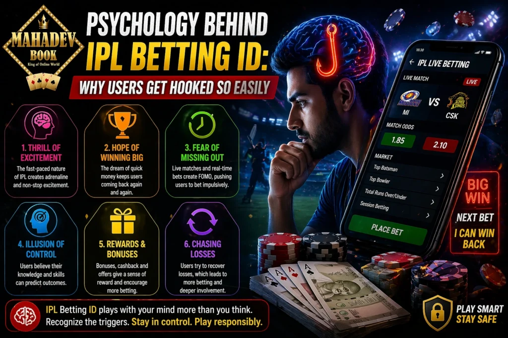 Psychology behind IPL Betting ID with user addiction concept, betting app interface, and Mahadev Book logo showing online gaming behavior