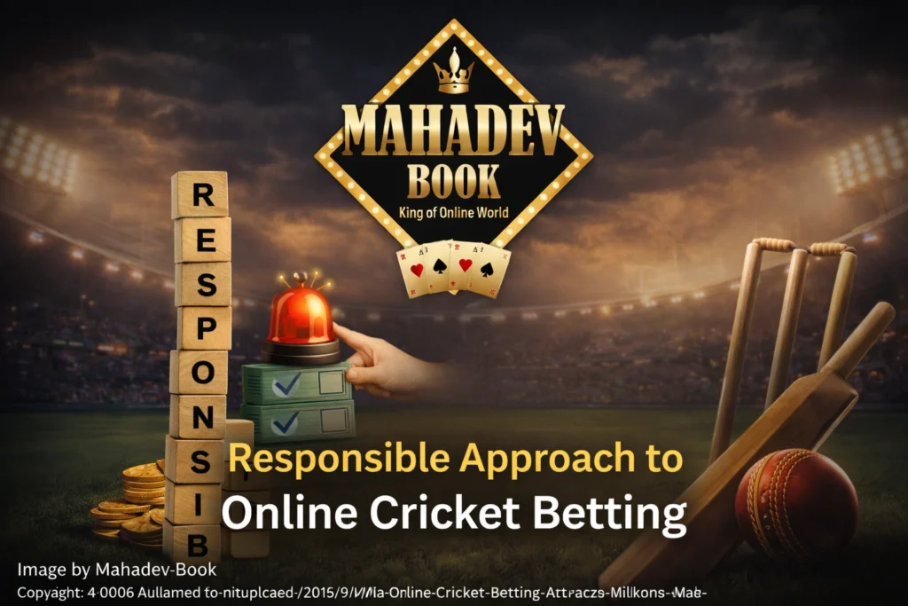 Responsible approach to online cricket betting with Mahadev Book logo and cricket stadium background