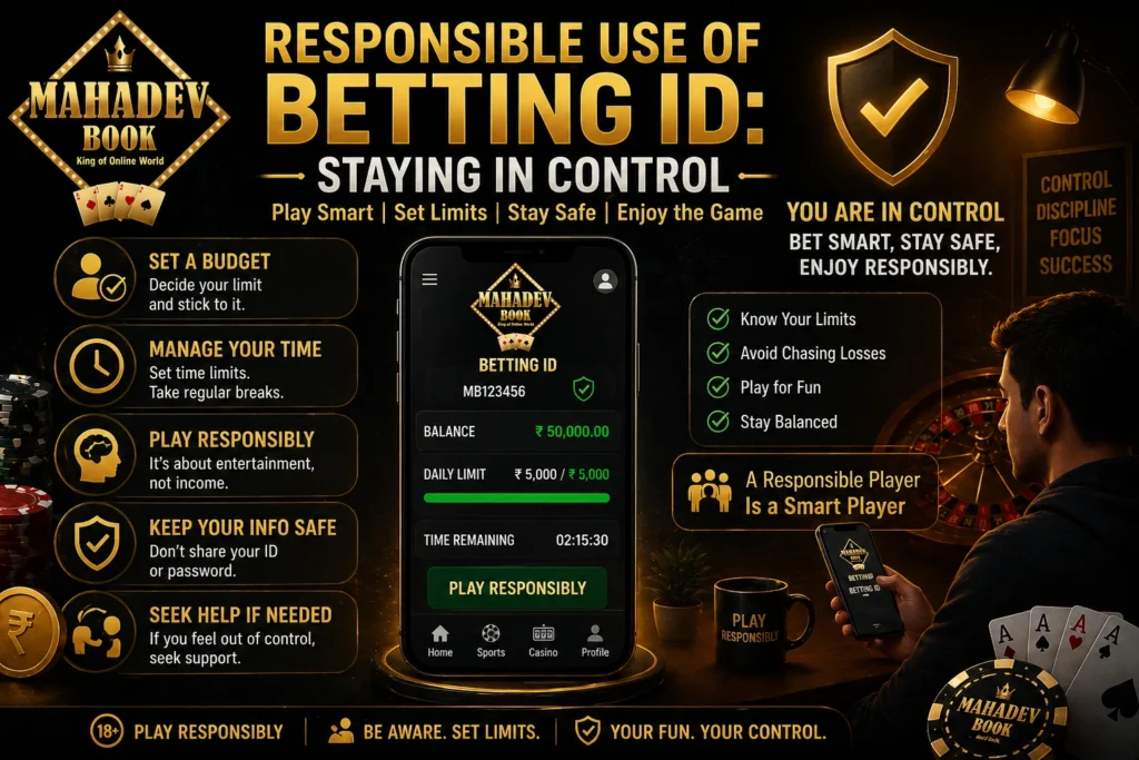 Responsible use of Betting ID in online gaming showing safety tips and control with Mahadev logo