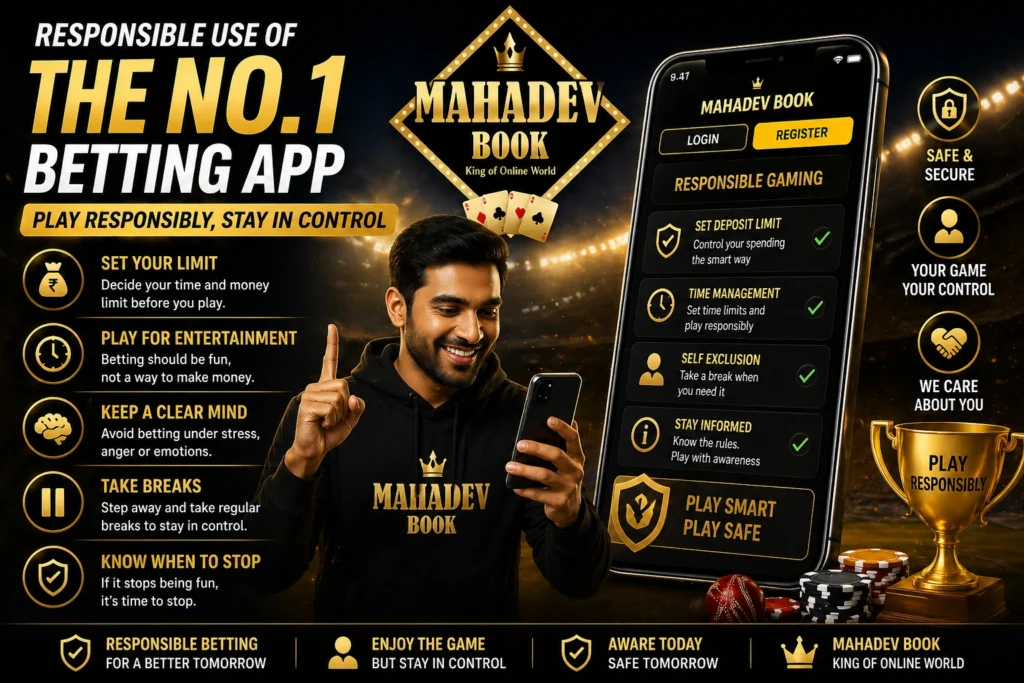 Responsible use of the No. 1 Betting App showing controlled betting, smart play, and Mahadev Book logo in online gaming