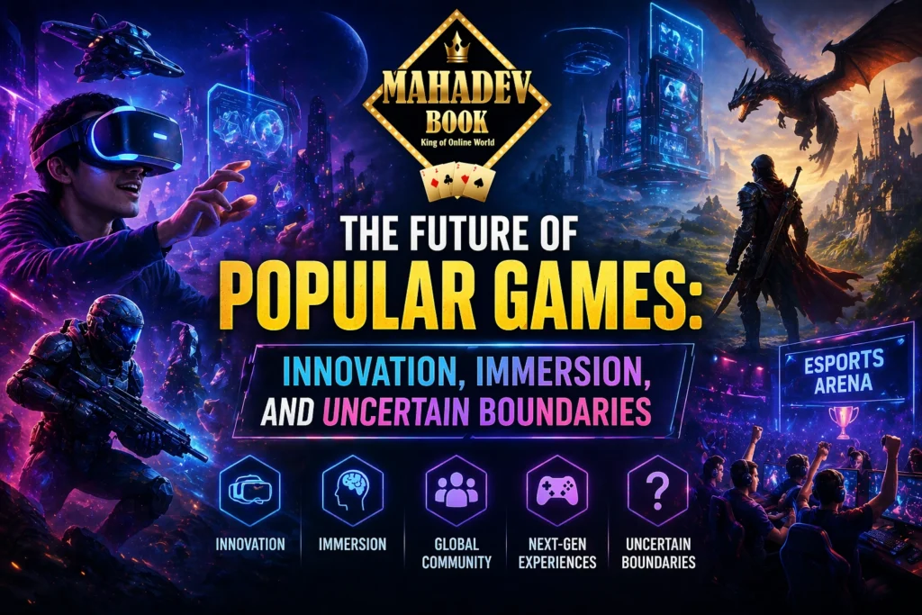 The future of popular games showing virtual reality, immersive gaming worlds, esports arena, and advanced technology with Mahadev Book logo