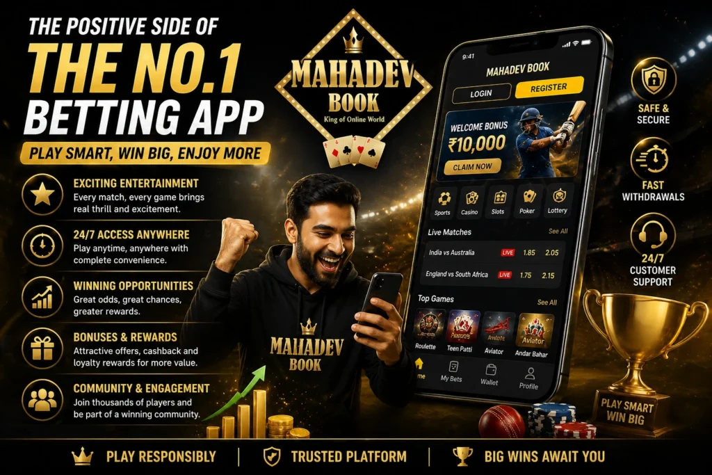 The Positive Side of the No. 1 Betting App showing winning experience, bonuses, fast withdrawals and Mahadev Book logo