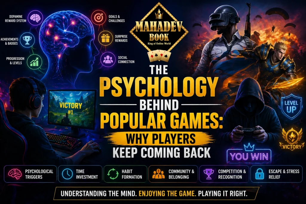 The psychology behind popular games showing player engagement, reward systems, and addiction triggers in online gaming with Mahadev Book logo