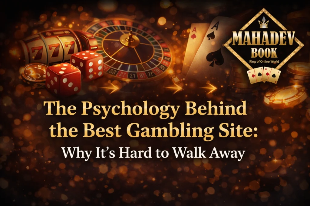 Psychology behind the best gambling site showing casino elements, brain concept, and Mahadev Book logo representing addiction and user behavior